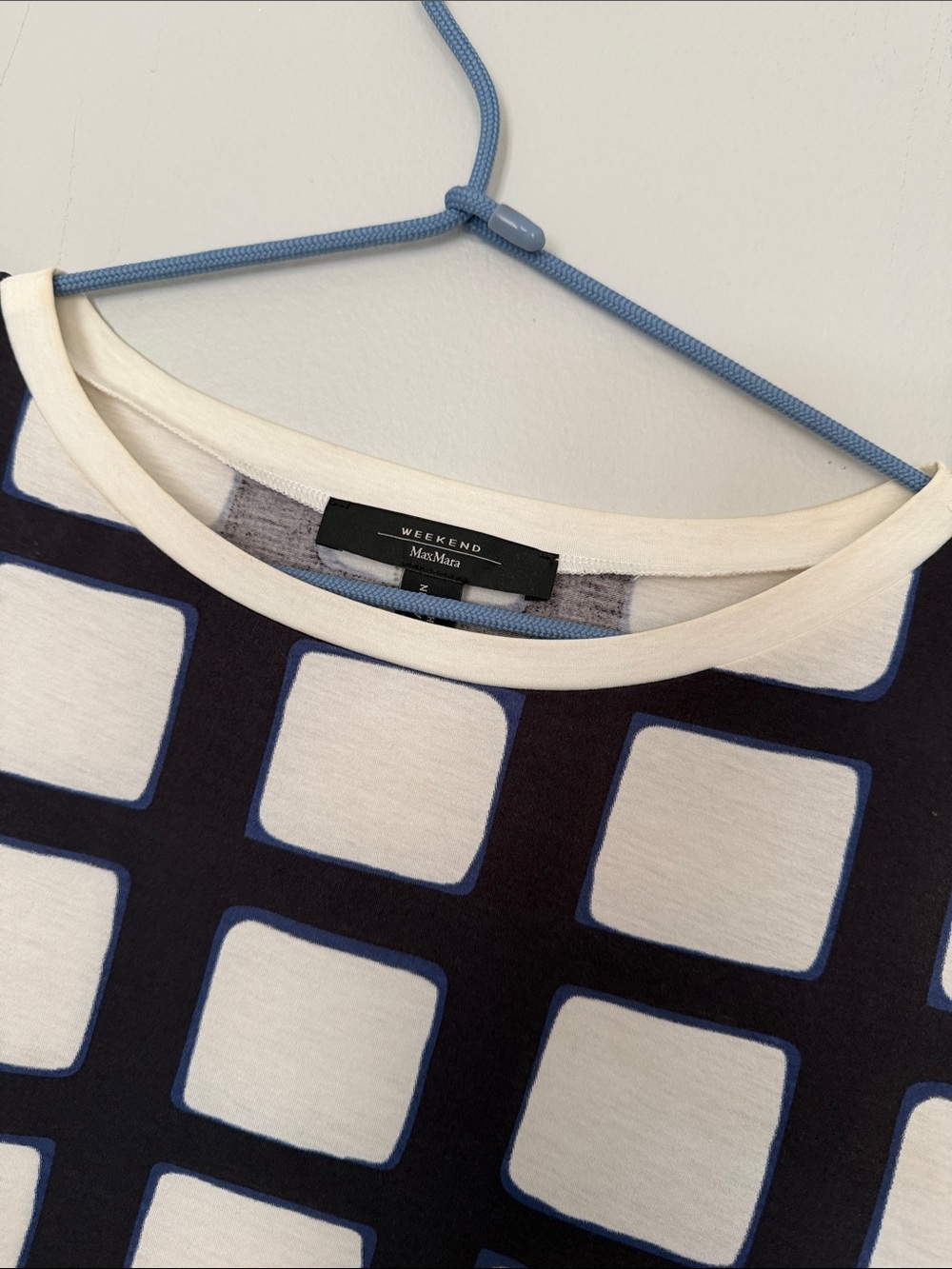 Weekend Max Mara Navy, Ivory and Blue Square-Print Short Sleeve Top